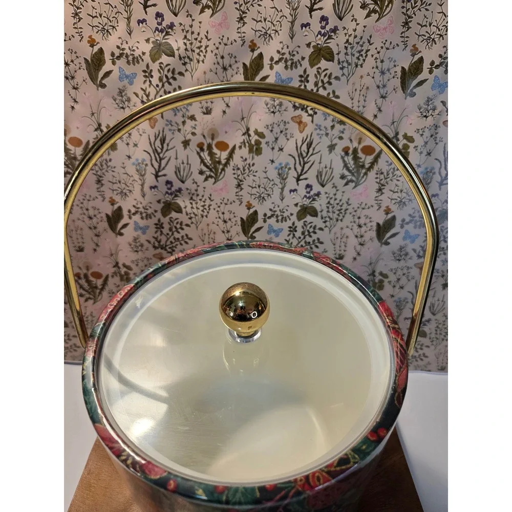 Vintage Kraftware Christmas Poinsettia Ice Bucket with Brass Lid knob and Handle